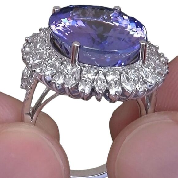 925 STERLING SILVER BLUE TANZANITE RING DOUBLING W CZ DIAMONDS BLING SPARKLY - Picture 4 of 9